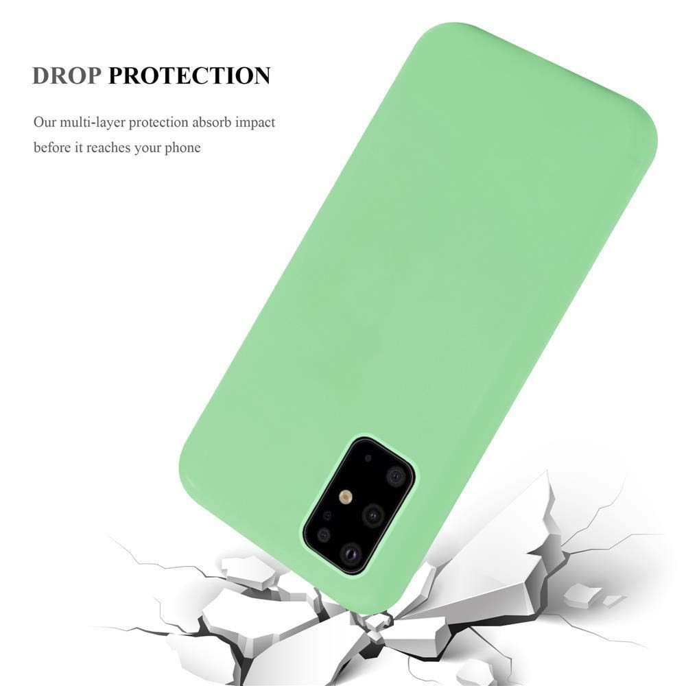 Cover verde per telefono cade su superficie bianca infranta.