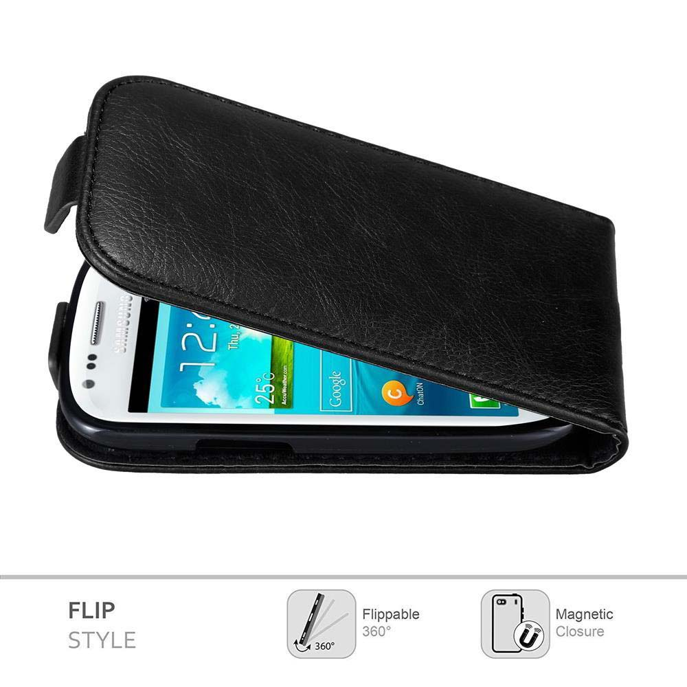 Schwarzes Leder-Flip-Cover mit einem Smartphone, das 12:00 Uhr anzeigt.