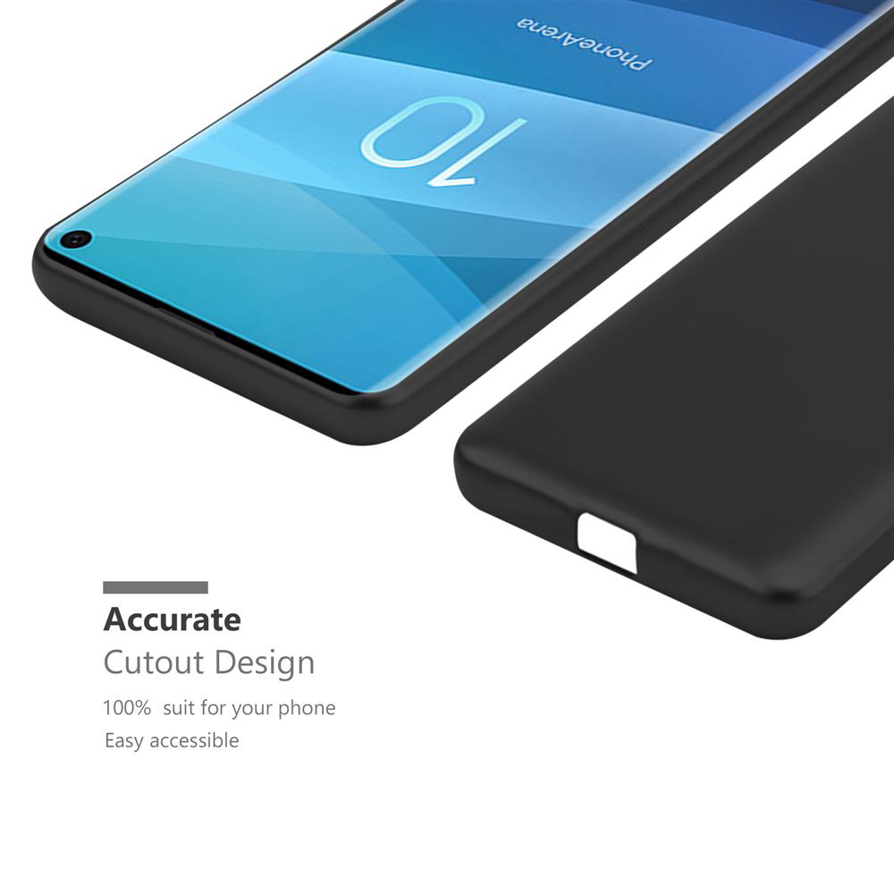 Custodia nera per telefono accanto a uno smartphone con schermo blu.