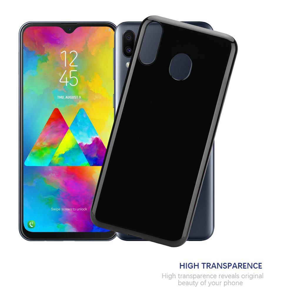 Eine schwarze Handyhülle liegt über einem dunkelblauen Smartphone mit farbigem Sperrbildschirm.