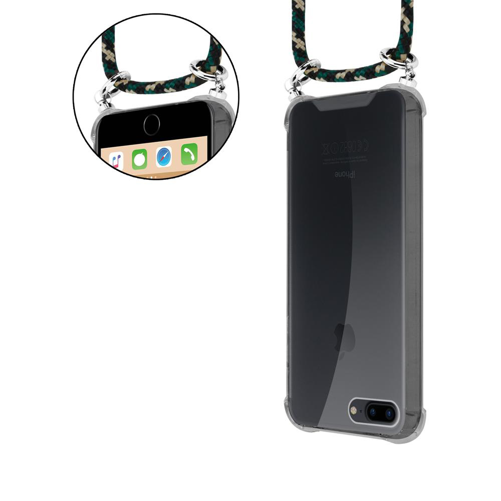 iPhone in custodia trasparente con cinturino intrecciato, primo piano schermo.
