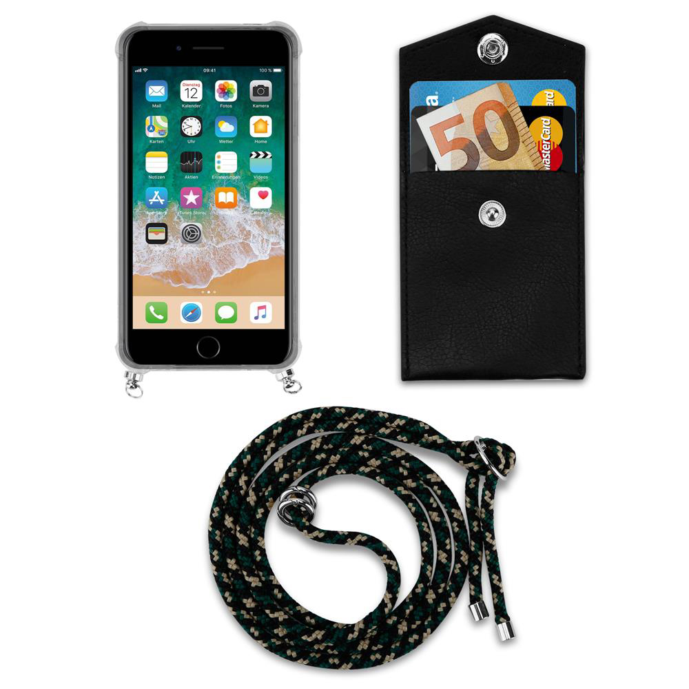 Uno smartphone in custodia, un portafoglio con soldi e carte, e un cordino.