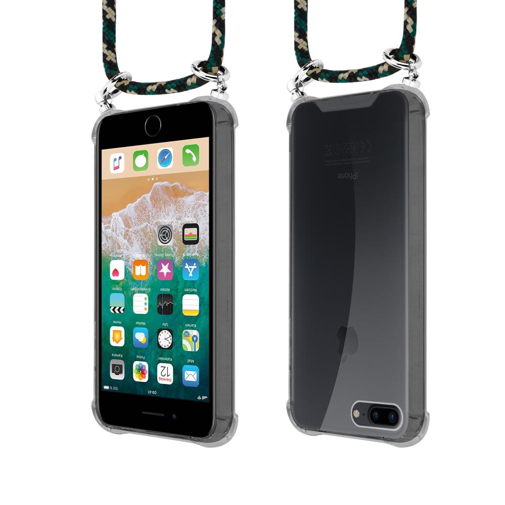 Un iPhone trasparente in una custodia protettiva con cinturino intrecciato.