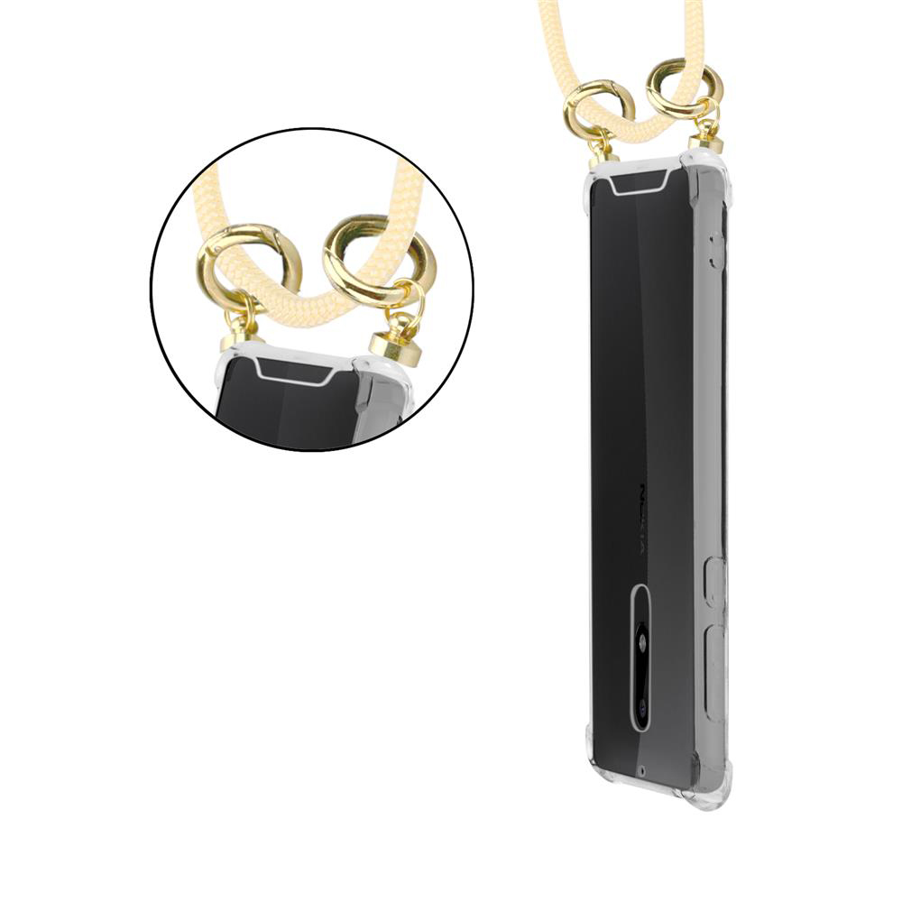 Ein transparentes Handyhülle mit einem gelben Band und goldenen Beschlägen.