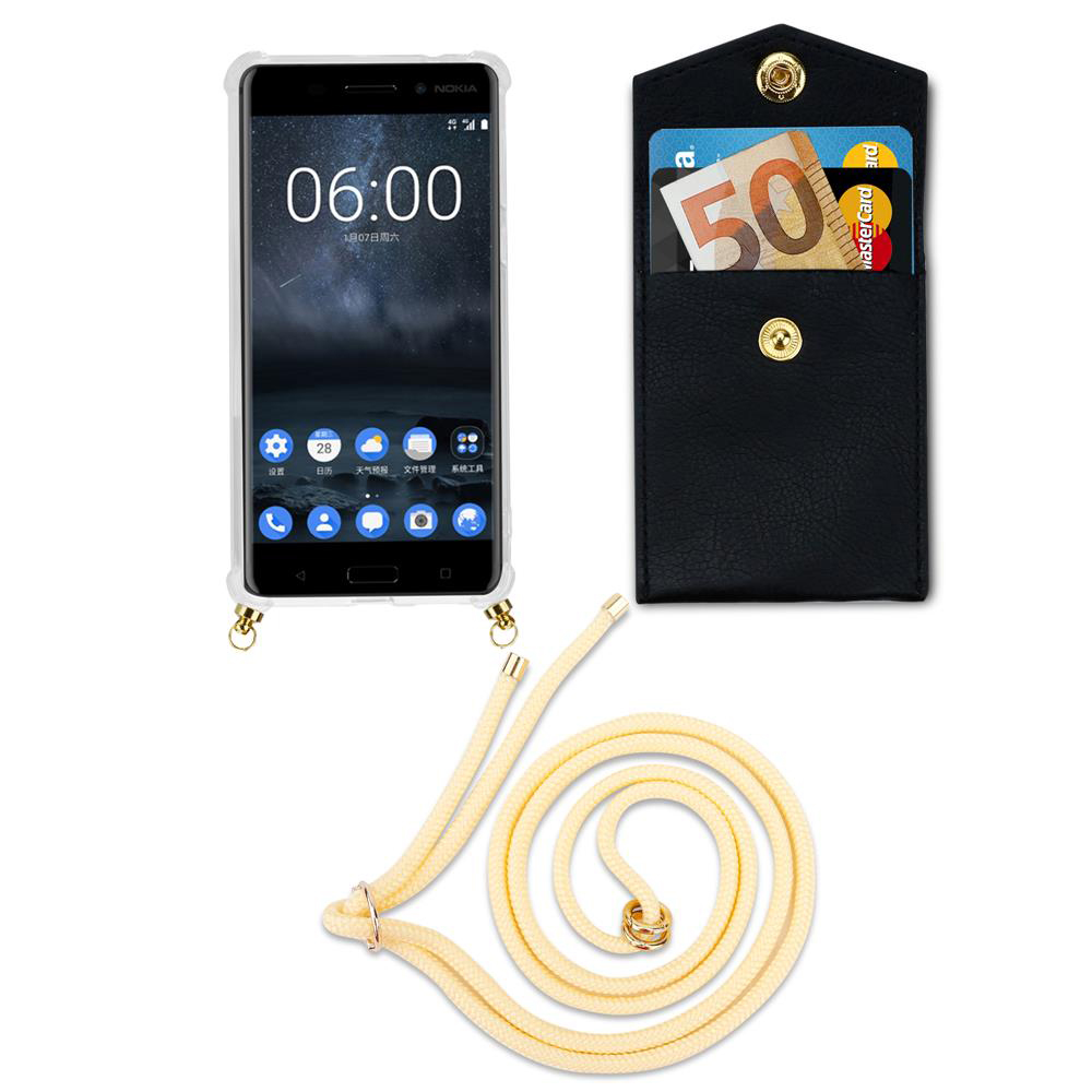 Nokia Handy mit schwarzer Tasche, Euroschein und Karten, mit Lanyard.