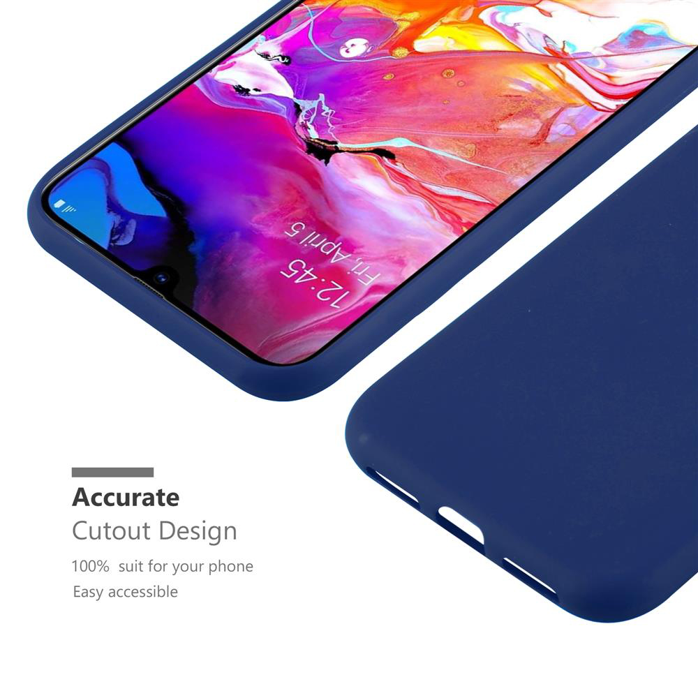 Ein blaues Smartphone mit bunten Hintergrundbild und Uhrzeit 12:45.