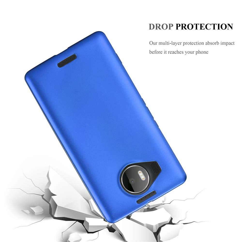 Cover blu per telefono che cade su terreno crepato.