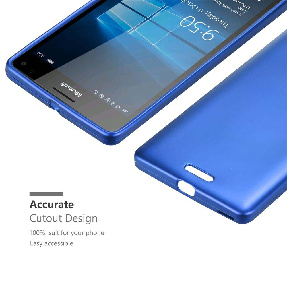 Custodia blu per telefono accanto a smartphone con schermata iniziale Windows. Design con ritaglio preciso.