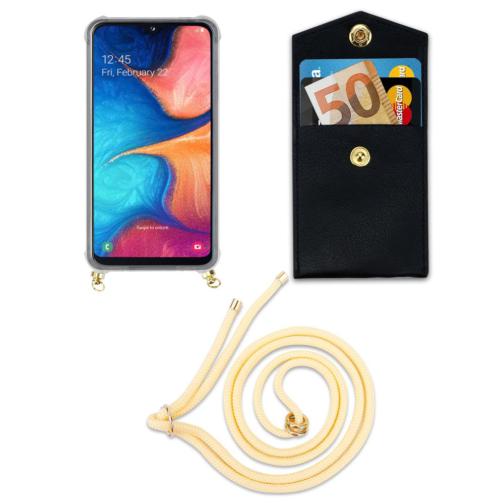 Smartphone in custodia, portafoglio nero con soldi e carte, e cordoncino.