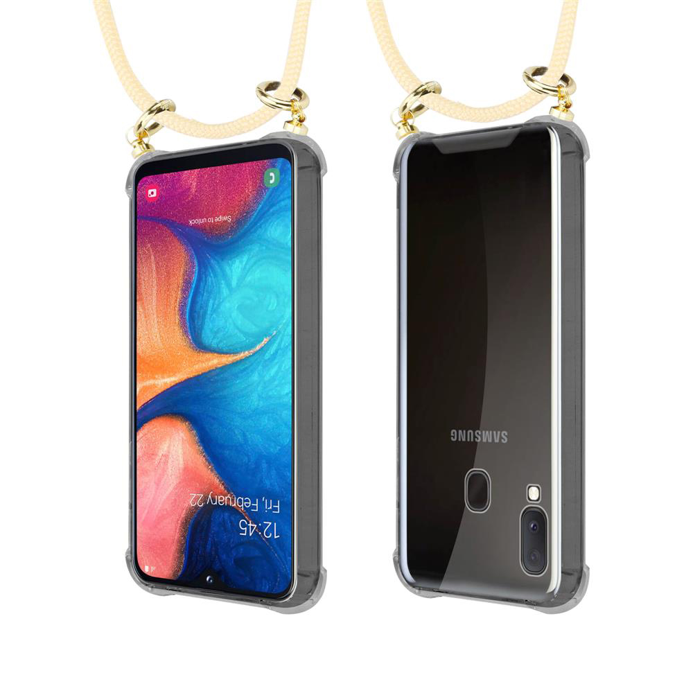 Smartphone in custodia trasparente con laccetto, viste fronte e retro.