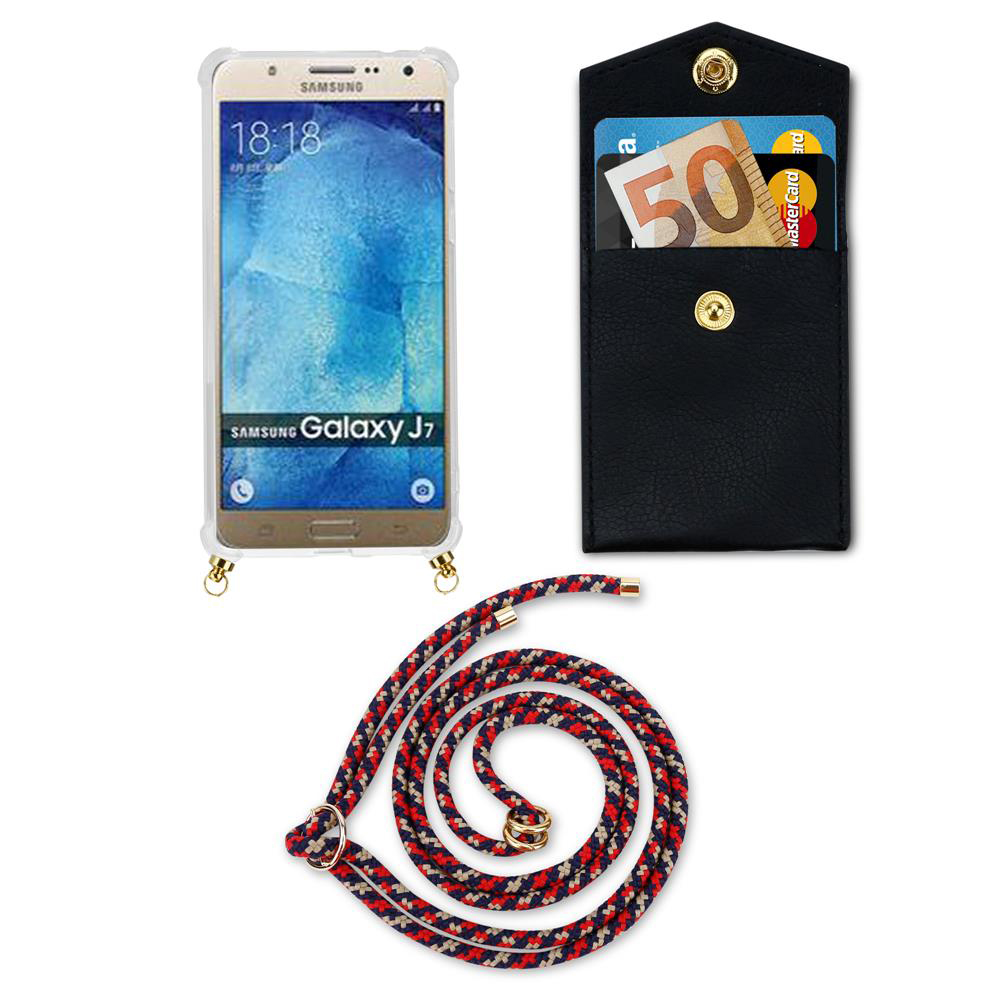 Smartphone Samsung Galaxy J7 con custodia porta carte nera e cordino.