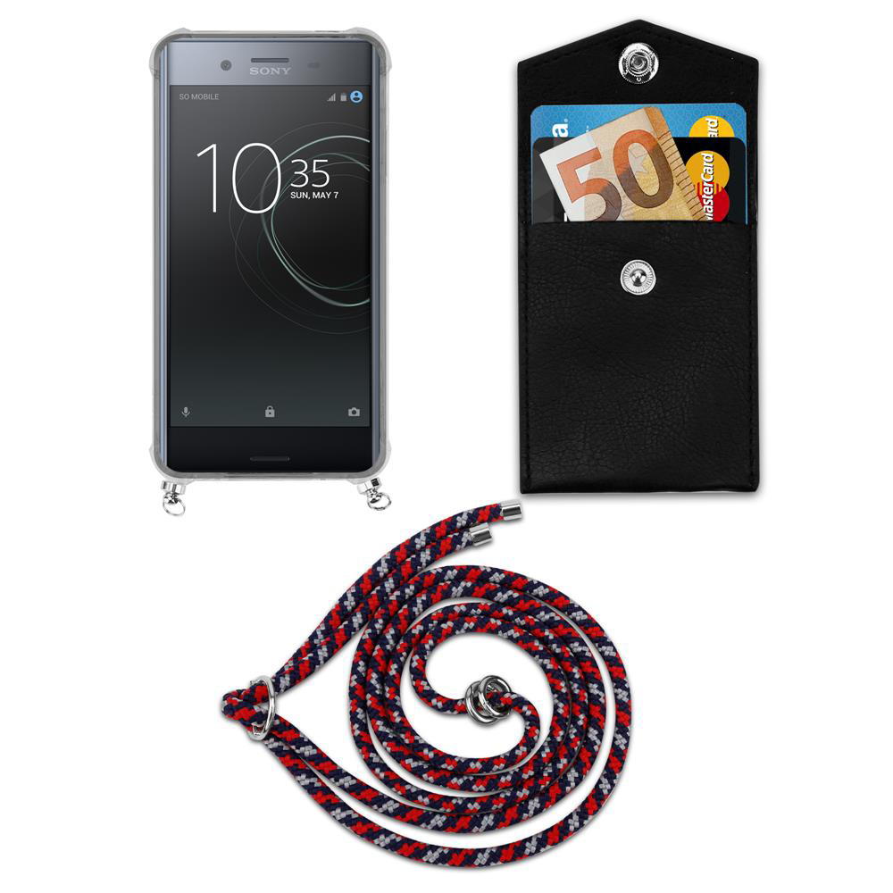 Smartphone con custodia, portafoglio con soldi e carte, e cordino su sfondo bianco.
