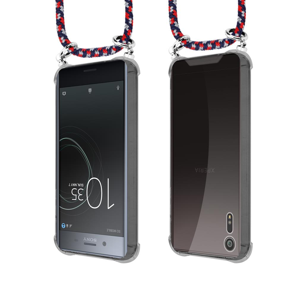Due telefoni Sony Xperia con cordino, mostrati fronte e retro.
