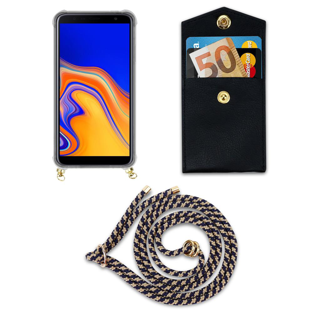 Smartphone con portafoglio nero per carte e cordino su sfondo bianco.