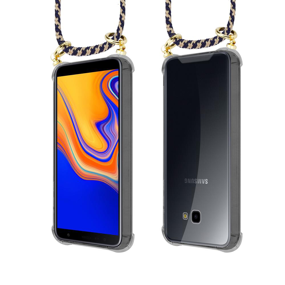 Vista frontale e posteriore di uno smartphone in custodia trasparente con cinturino decorativo.