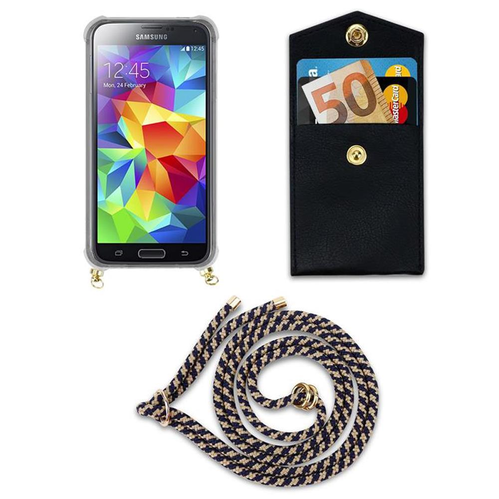 Uno smartphone in custodia, un portafoglio nero con banconote e carte, e un cordino.