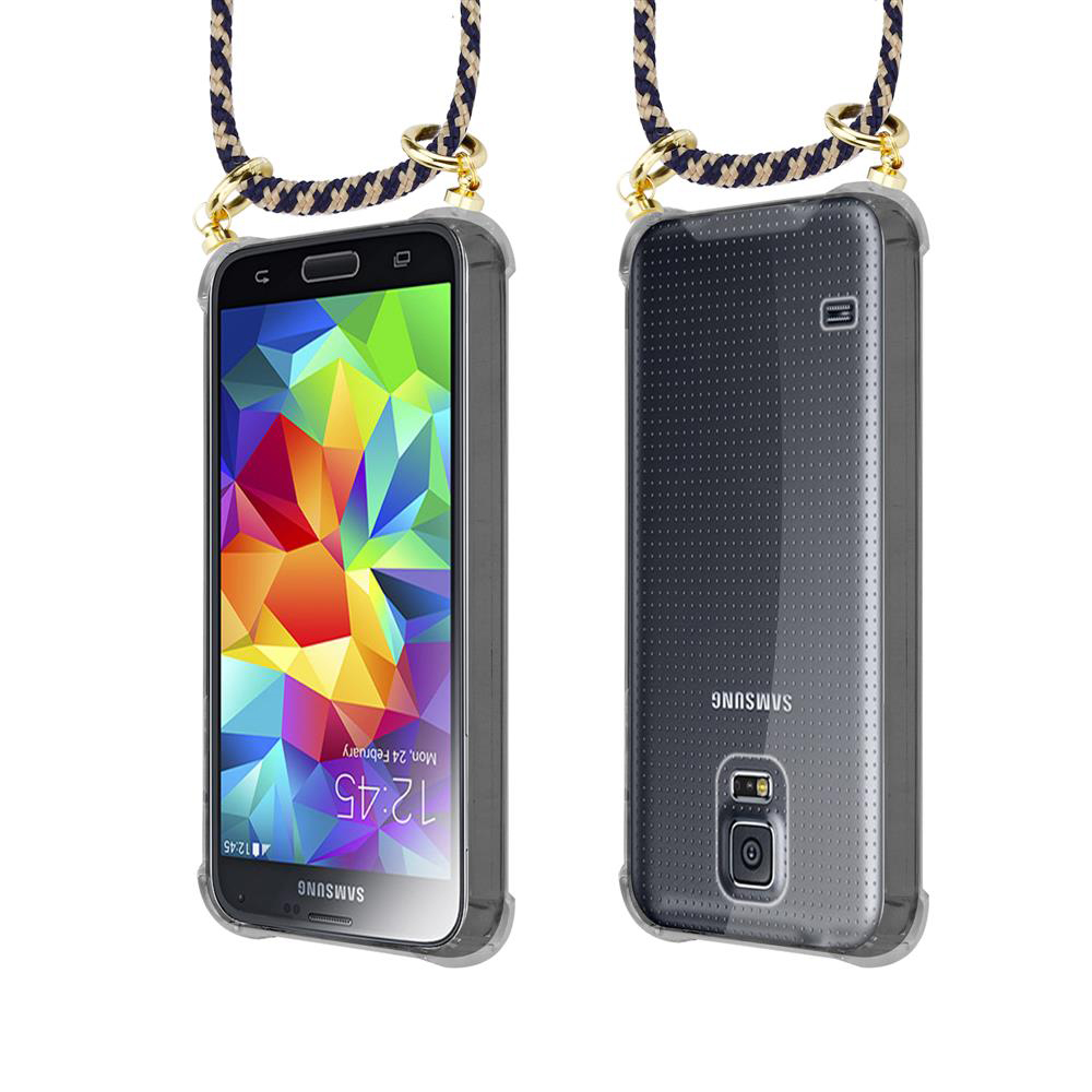 Telefono Samsung con schermo colorato e laccetto, retro scuro.