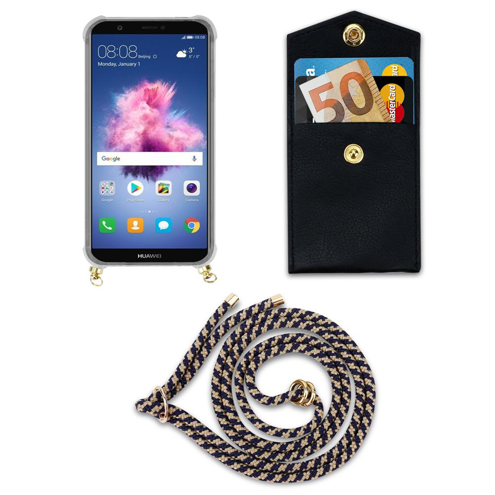 Smartphone in custodia, portafoglio con carte e contanti, e un cordone.