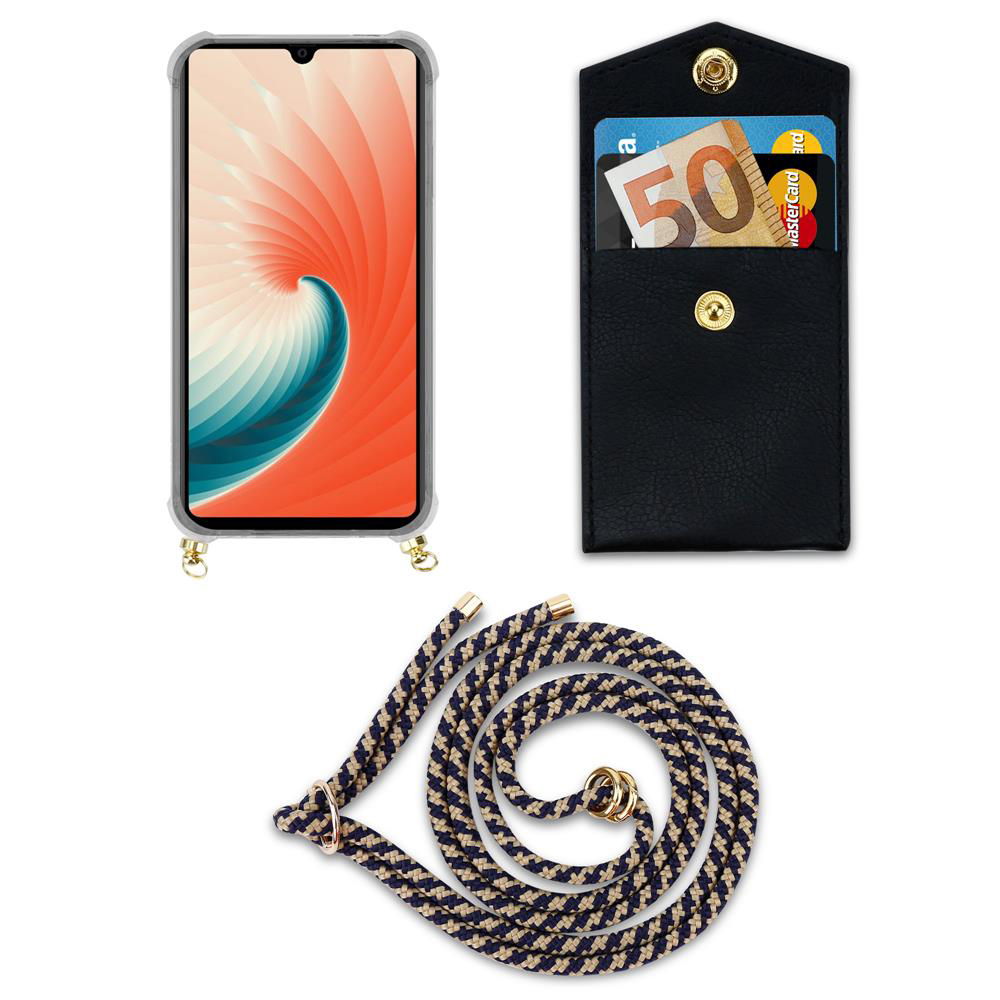Uno smartphone in custodia, un taschino nero con carte e un laccetto.