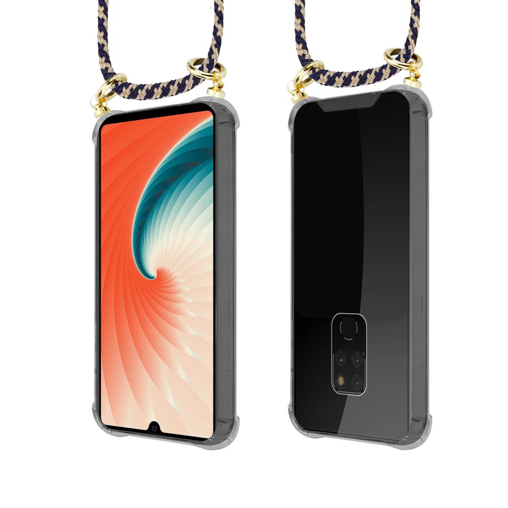 Uno smartphone in custodia con cordino, vista frontale e posteriore.
