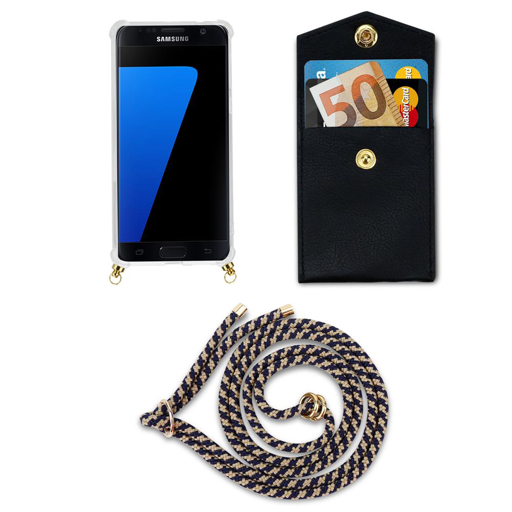 Una custodia nera con banconote e carte, accanto a uno smartphone e un cordino.