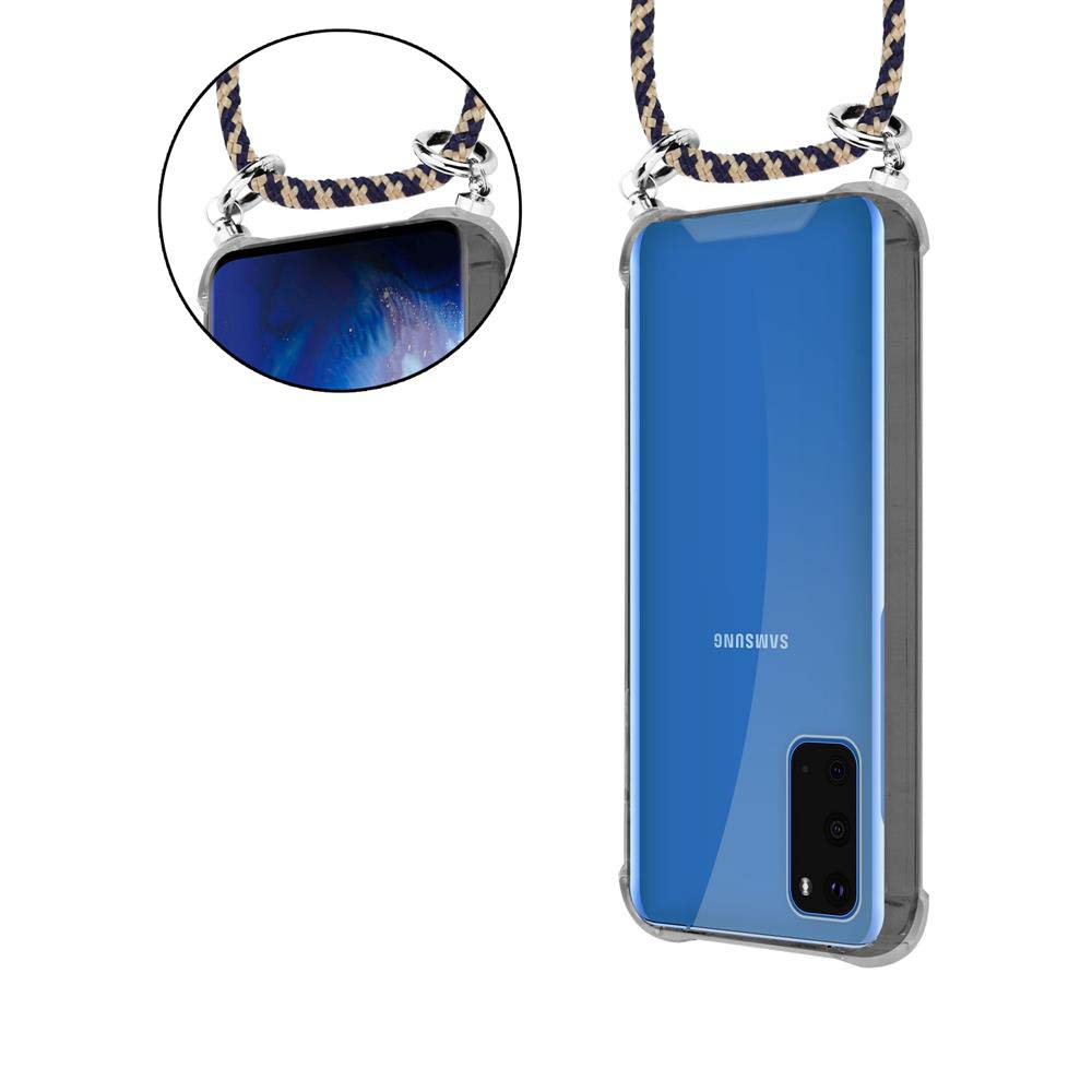 Telefono Samsung blu in custodia trasparente con laccetto.