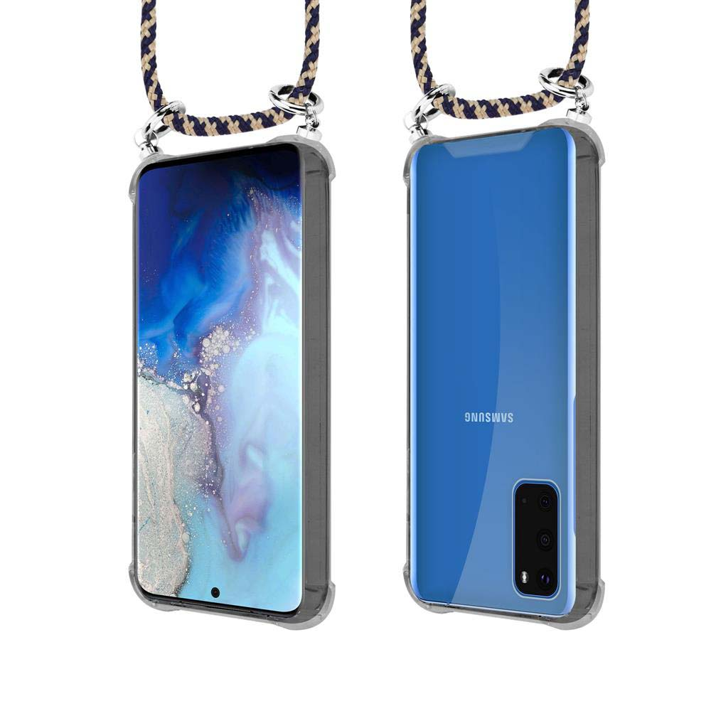 Due smartphone in custodie con cordini, sfondo bianco.