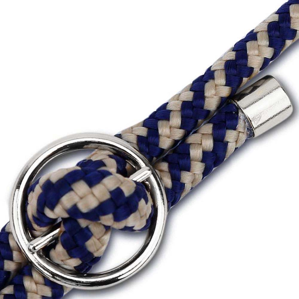 Corda intrecciata blu e beige con anello e cappuccio argentati.