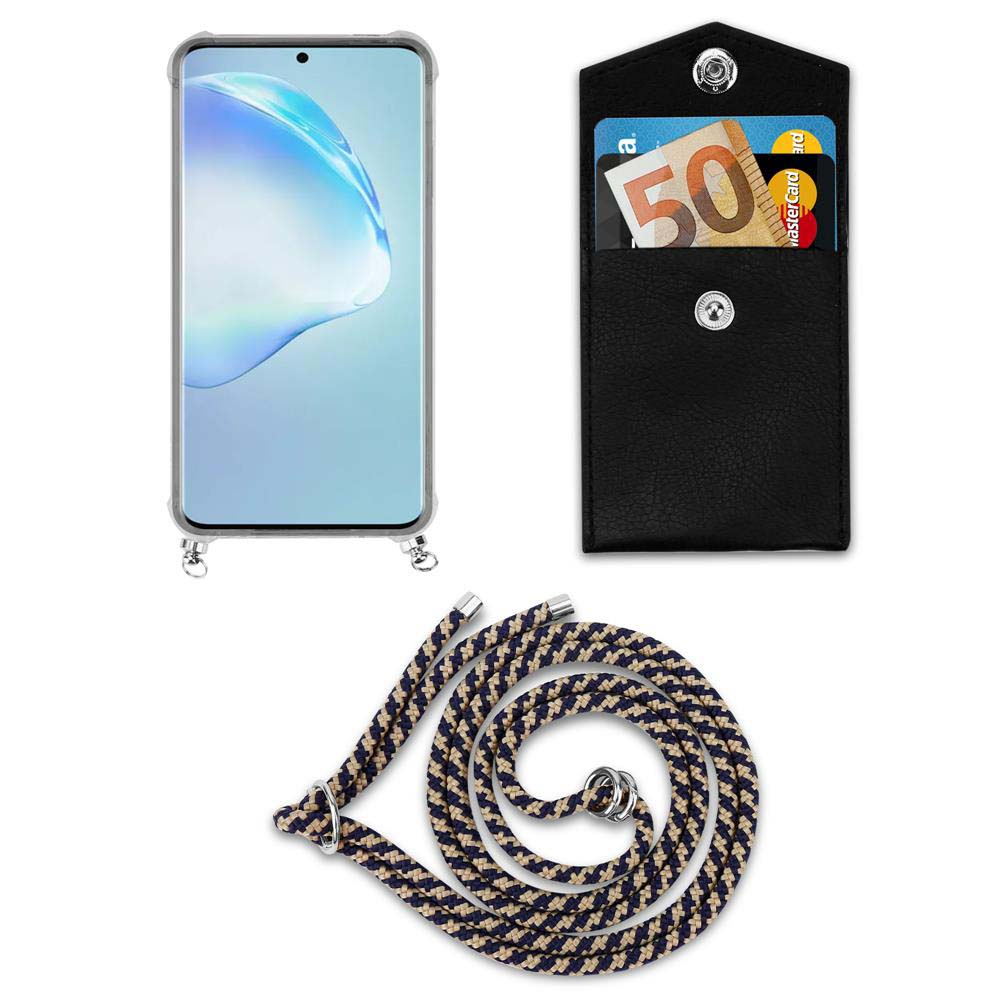 Uno smartphone in custodia, portafoglio con soldi e carta, cordino su sfondo bianco.