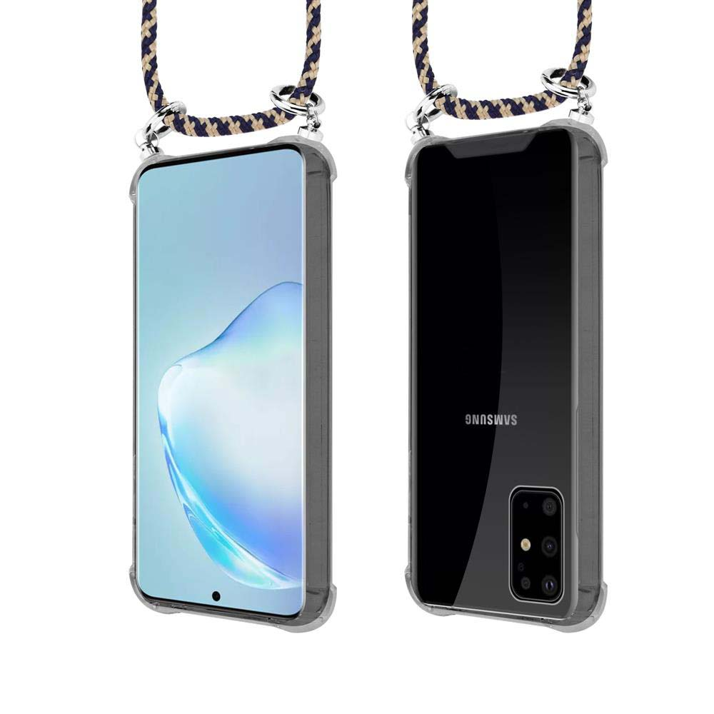 Uno smartphone in custodia trasparente con laccio, viste fronte e retro.