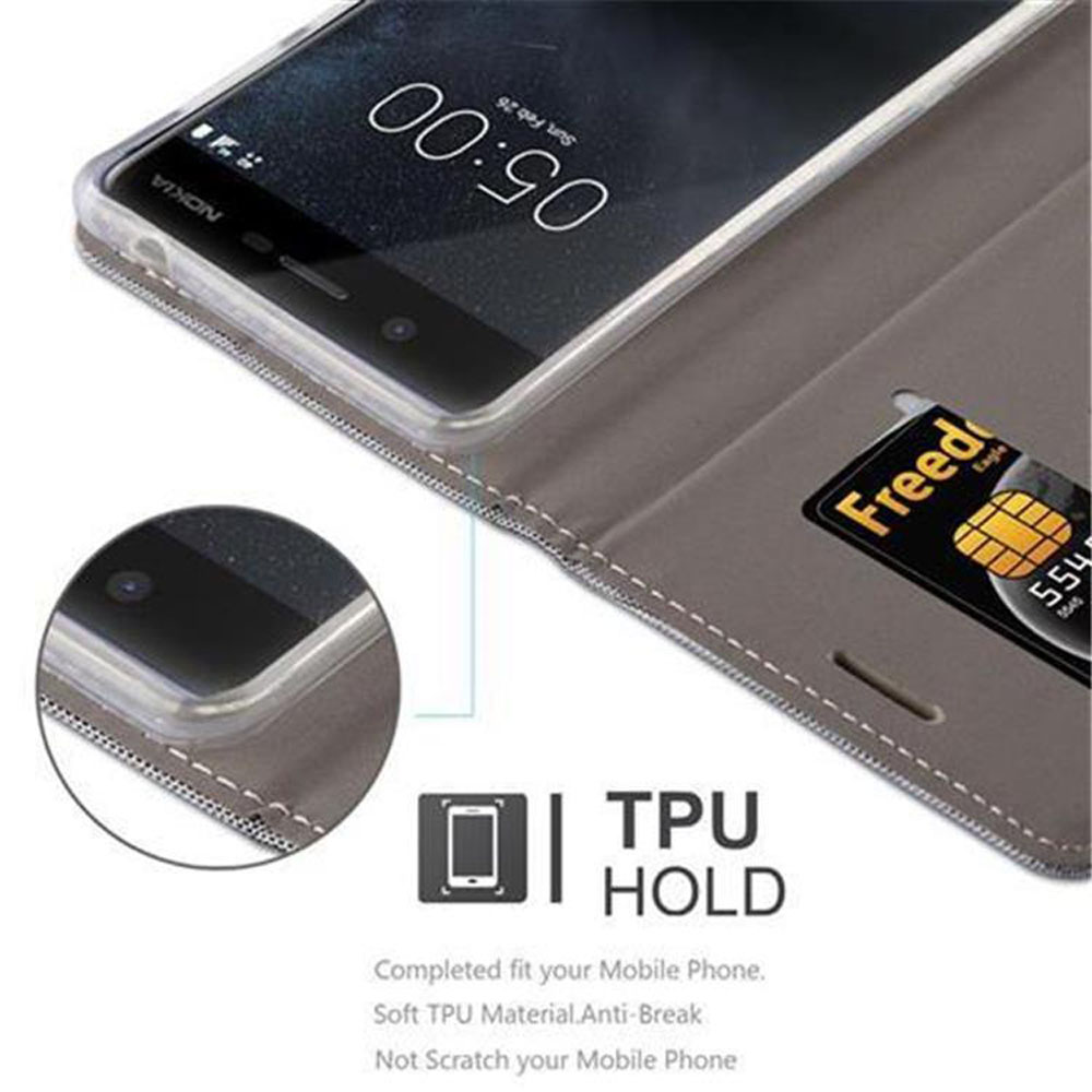 Custodia grigia per telefono con slot per carte di credito e telefono Nokia.