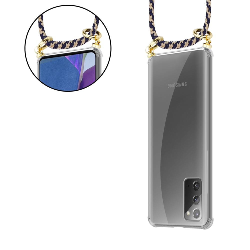 Uno smartphone in custodia trasparente con attacco cordino.