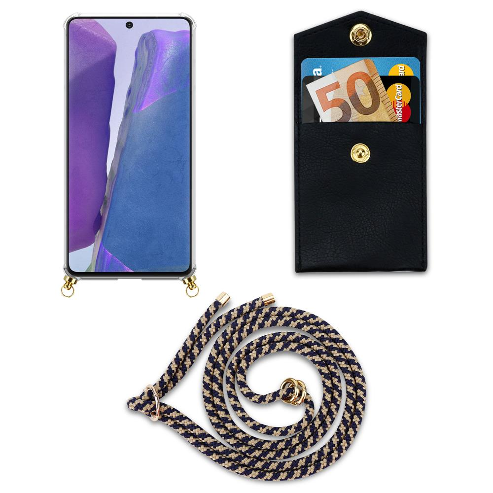 Smartphone con custodia, tasca nera con soldi e carte, e cordino.