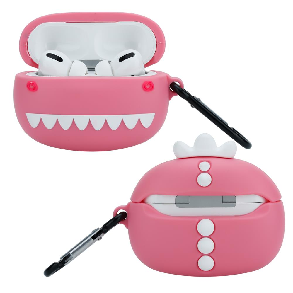 Zwei rosa AirPods-Hüllen mit Gesichtern und Schlüsselanhängern.