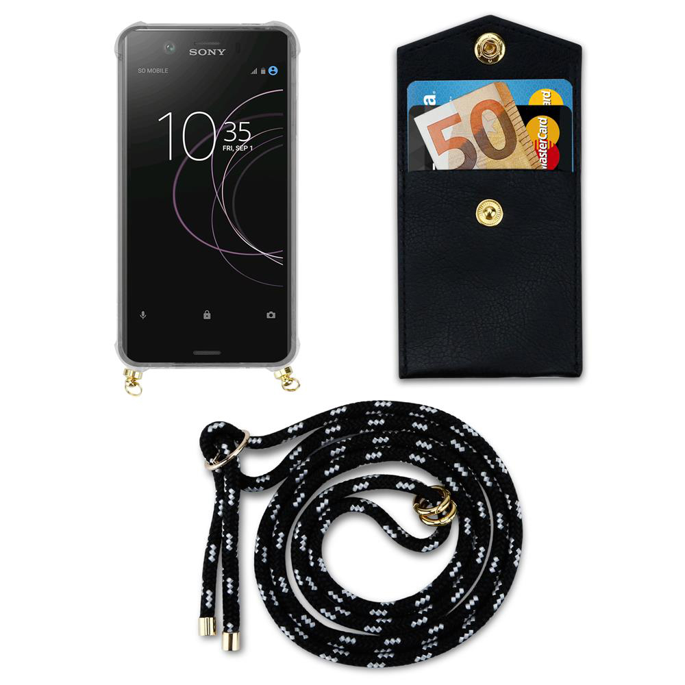 Sony Smartphone mit schwarzer Kordel und Kartenhalter mit 50€ Schein.
