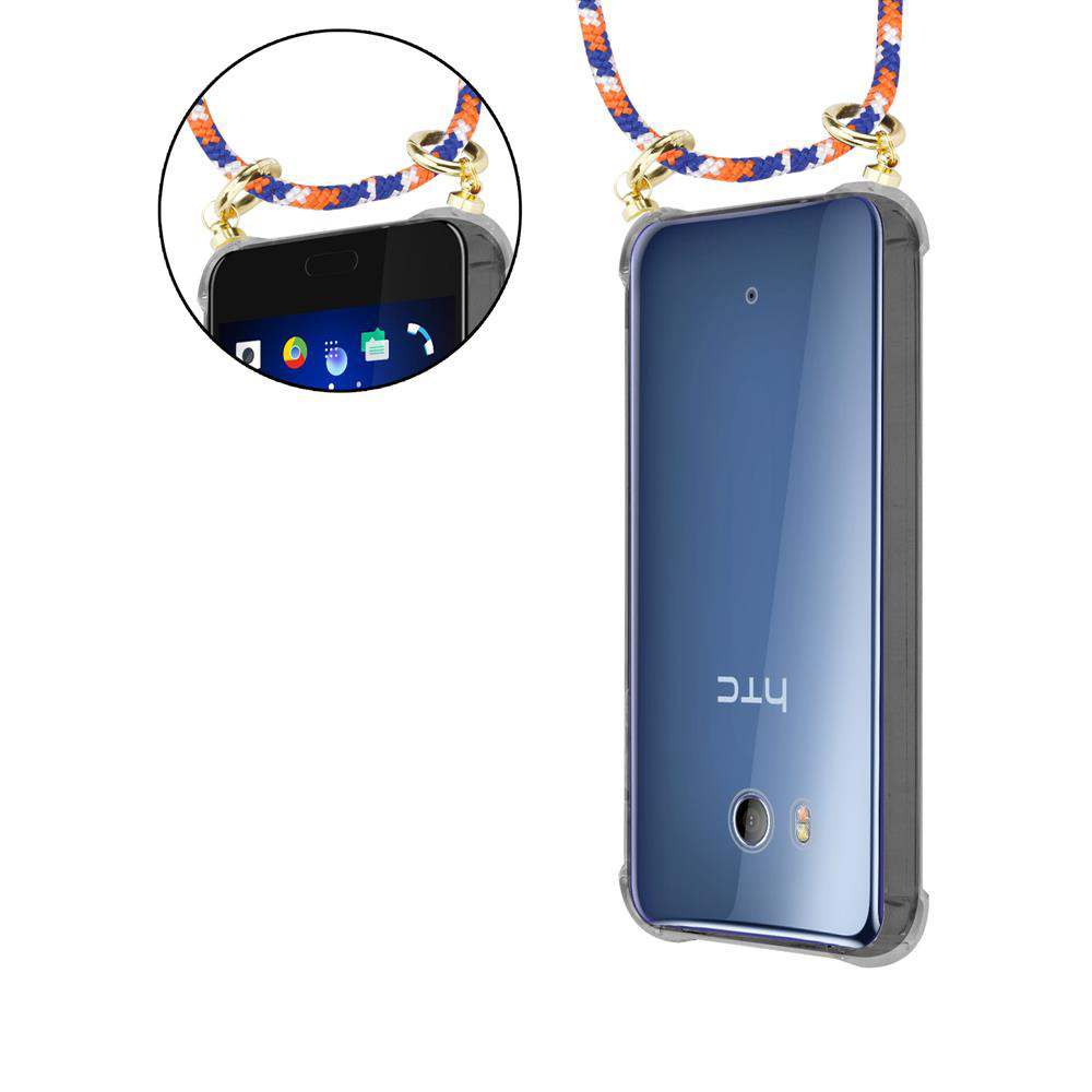 Ein blauer HTC-Smartphone-Rücken mit einer transparenten Hülle und einem Lanyard.
