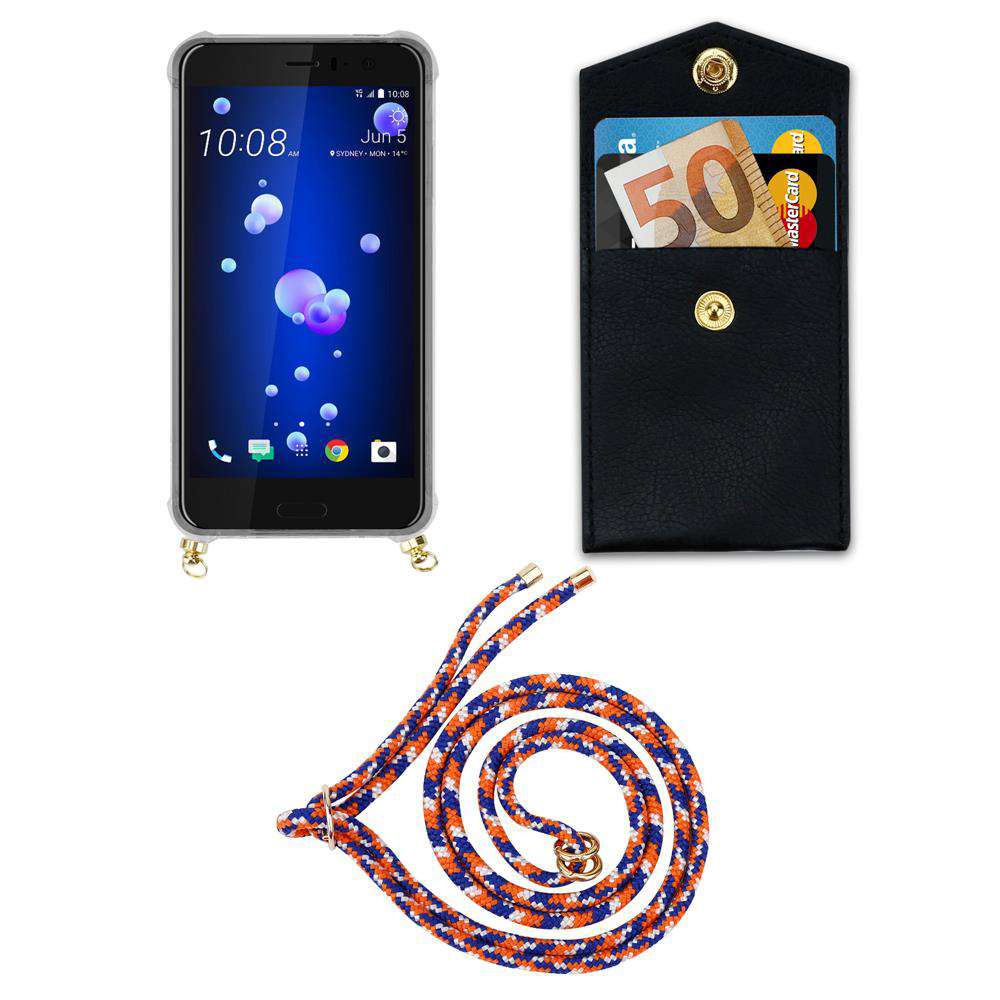 Ein Smartphone mit Hülle, eine schwarze Kartenhülle mit Geld und Karten, und eine Schnur.