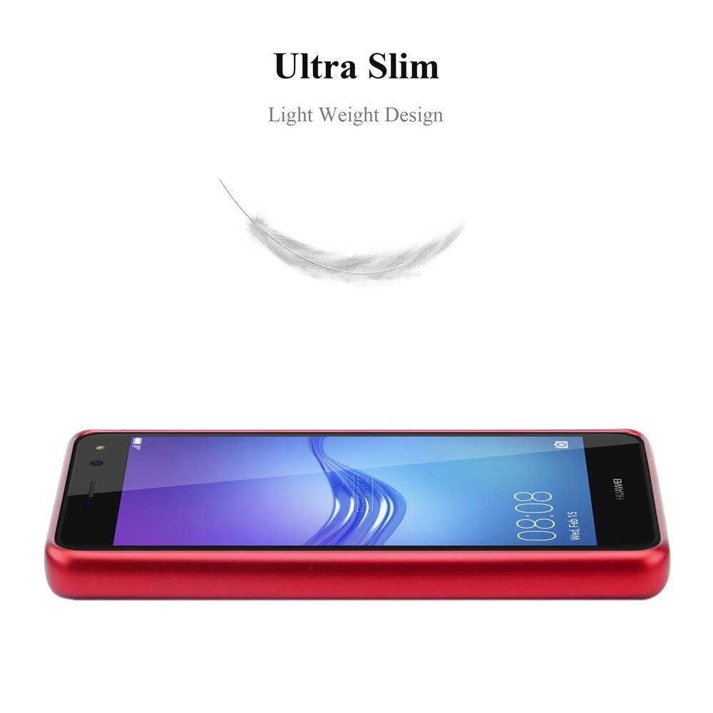 Ein rotes Smartphone mit einer Feder darüber.