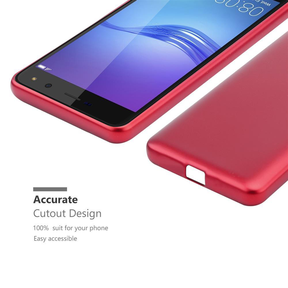 Rotes Smartphone mit Schutzhülle. Zeigt eine präzise Aussparung.