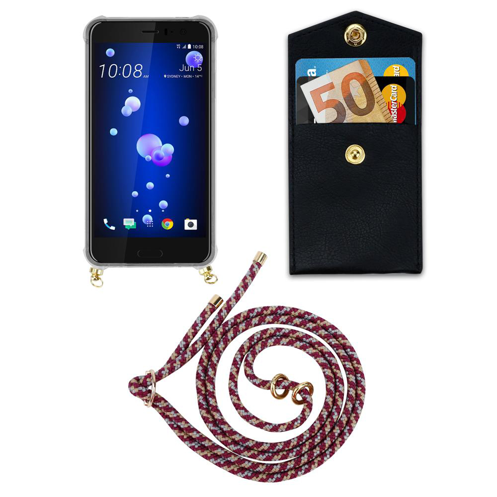 Smartphone mit Hülle, Geldbeutel mit Geld und Karten, und eine Kordel.