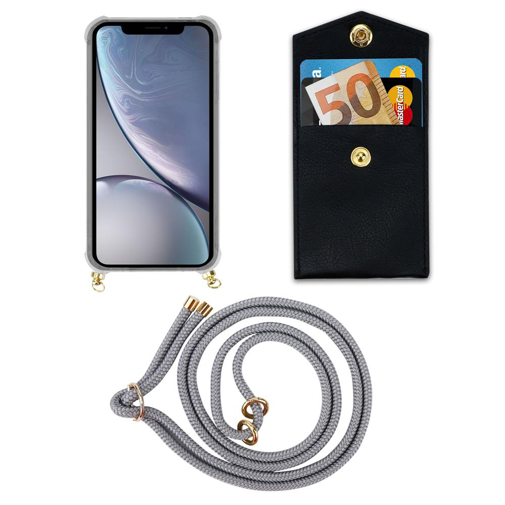 Set custodia per telefono grigia con cordino, portafoglio con banconota da 50‰ e carta.