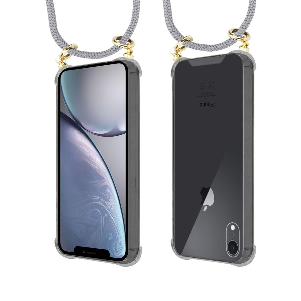 Vista frontale e posteriore di una custodia trasparente per iPhone con cordino intrecciato grigio e hardware dorato.