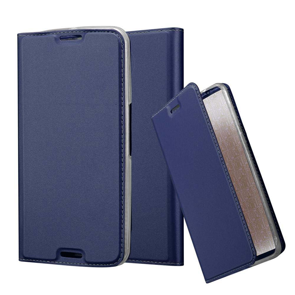 Tres fundas de teléfono azul oscuro, una abierta mostrando un teléfono.