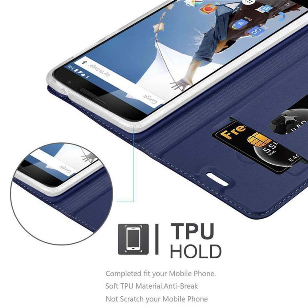 Una funda de teléfono azul con una tarjeta y un teléfono.