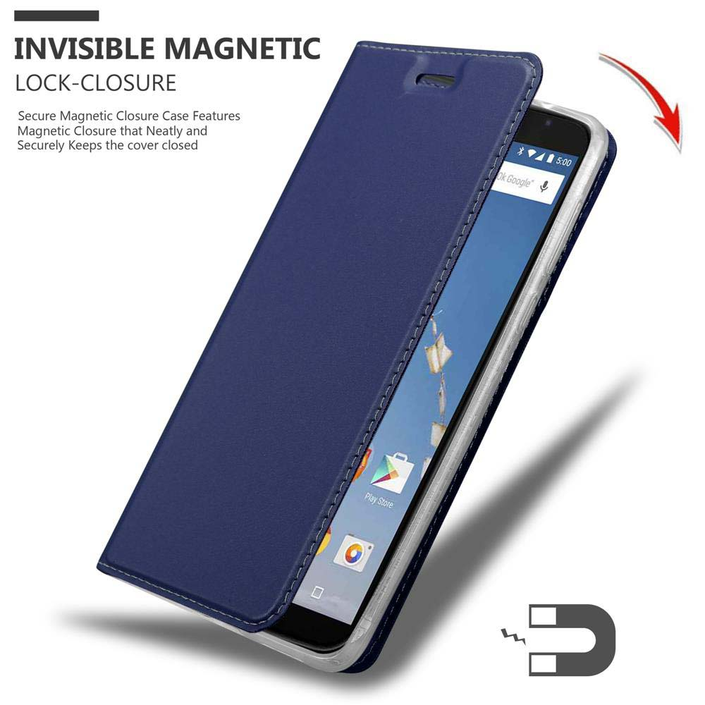 Funda azul para teléfono con cierre magnético y un smartphone.