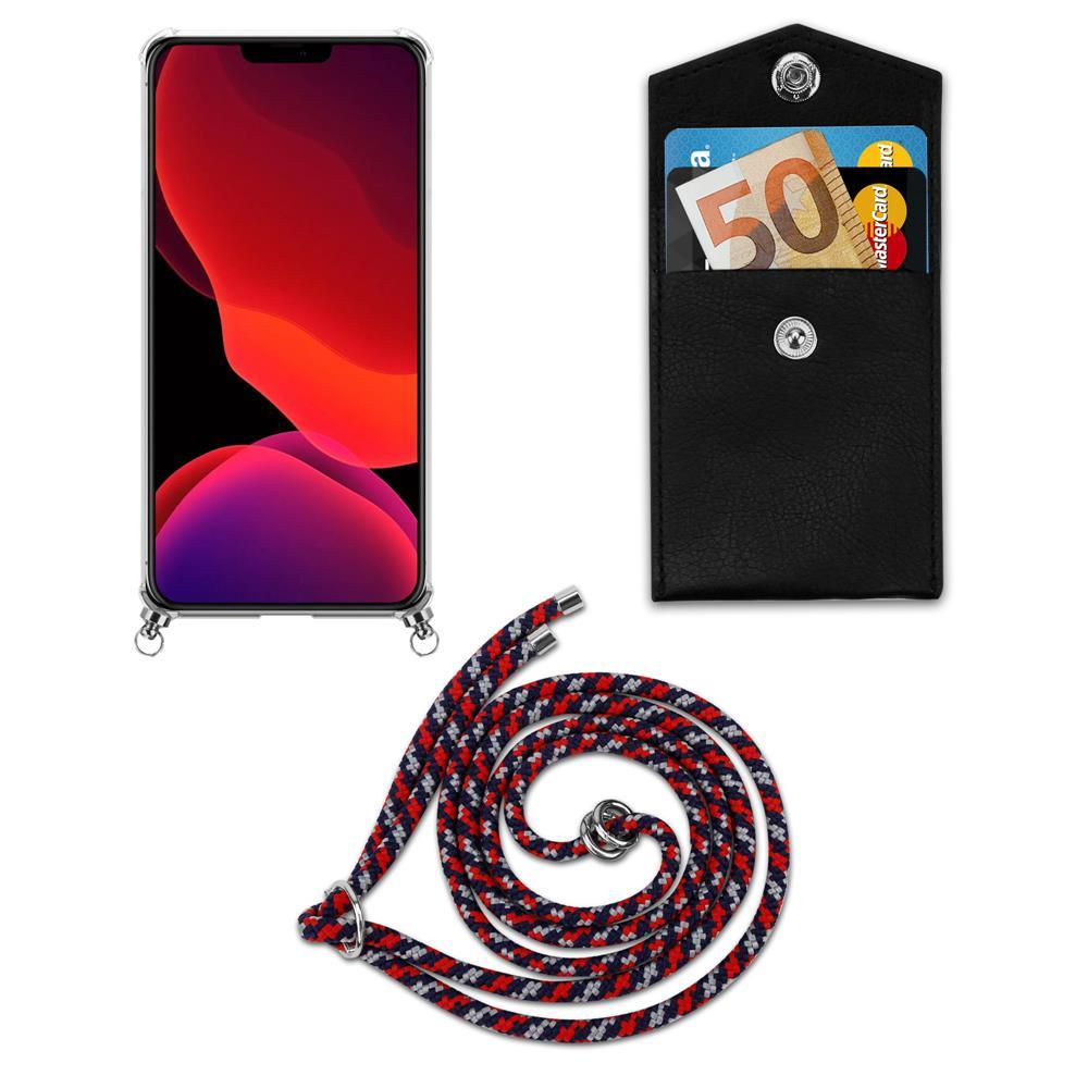 Smartphone con sfondo rosso, custodia nera con soldi e carte, cordino.