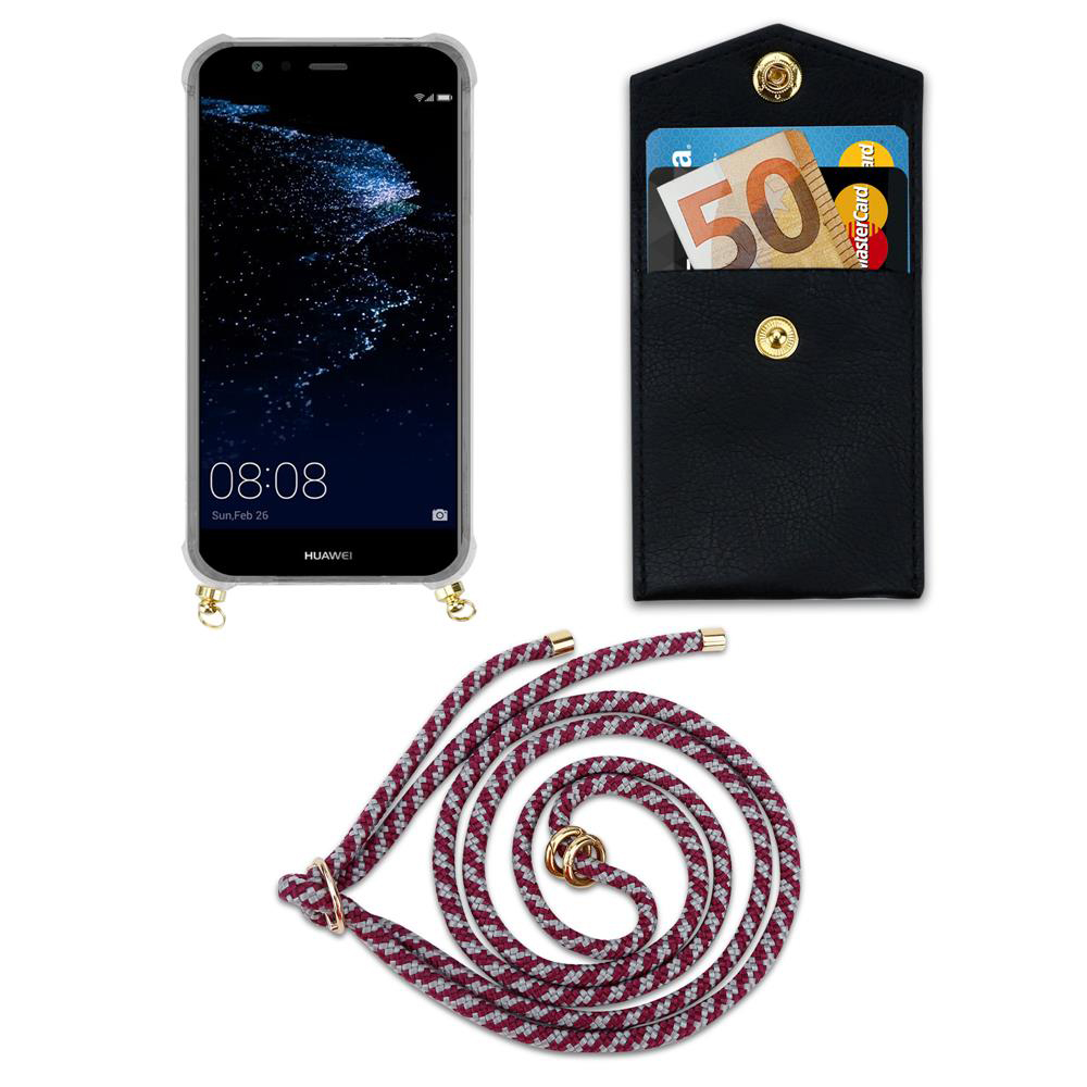 Uno smartphone con schermo nero, una custodia nera con soldi e carte, e un cordino.