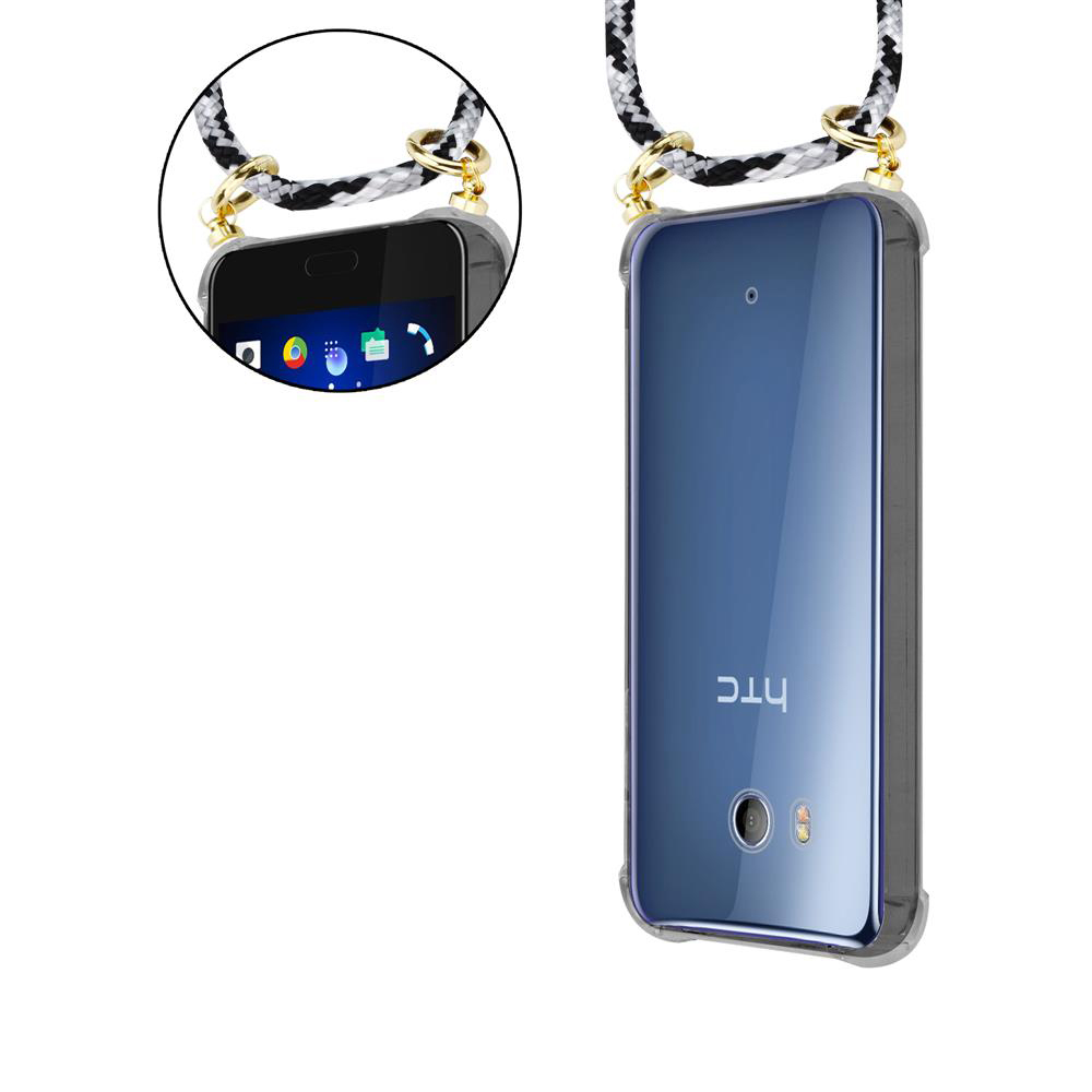 Blaues HTC Smartphone mit transparentem Gehäuse und Trageschlaufe.