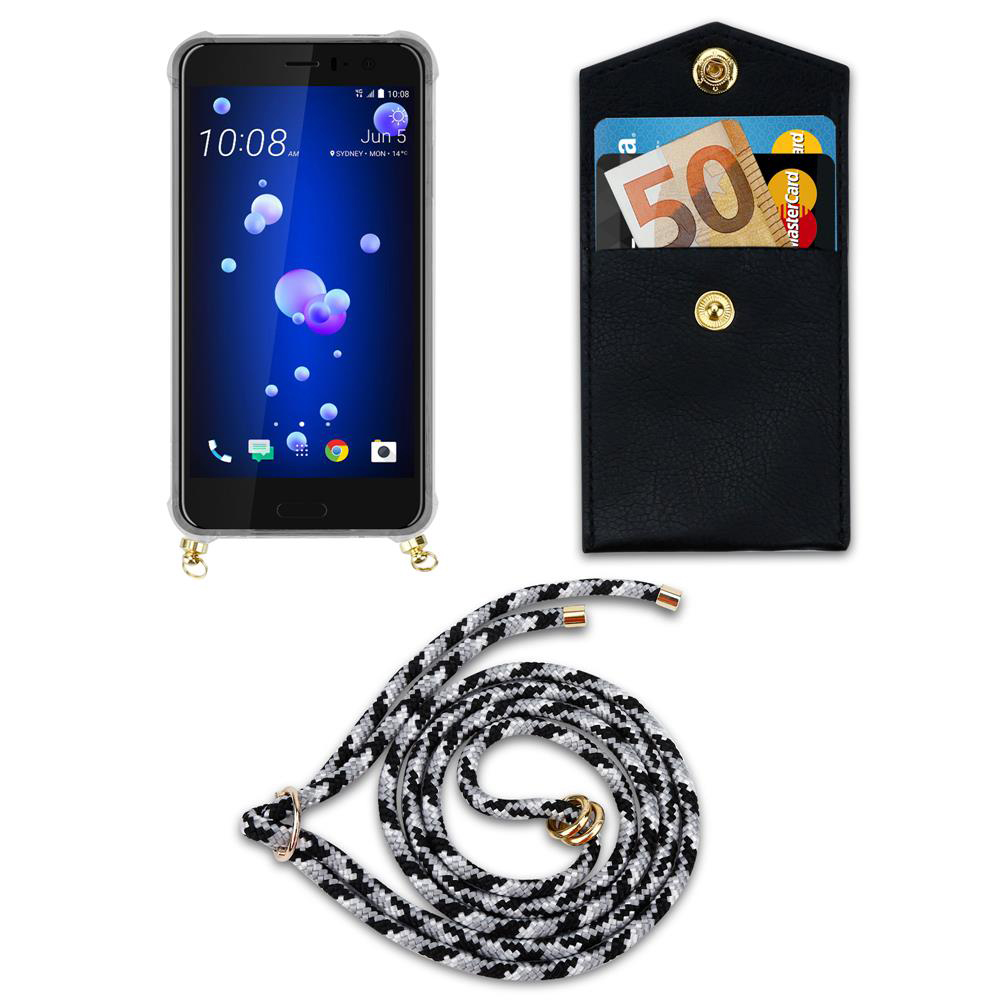 Smartphone mit schwarzer Hülle, Portemonnaie mit Geld und Karte, Kordel.