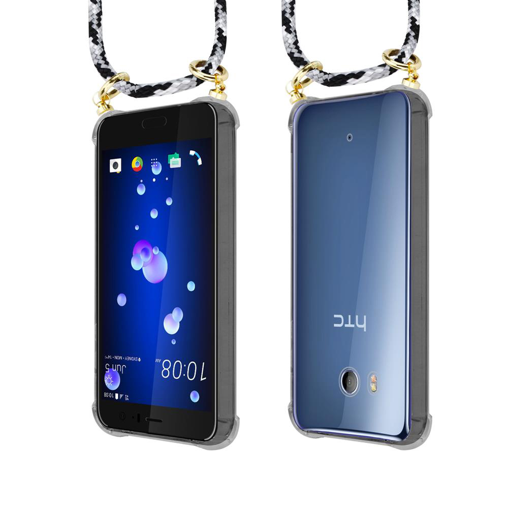 Ein Smartphone mit blauem Hintergrund und einer Schnur.